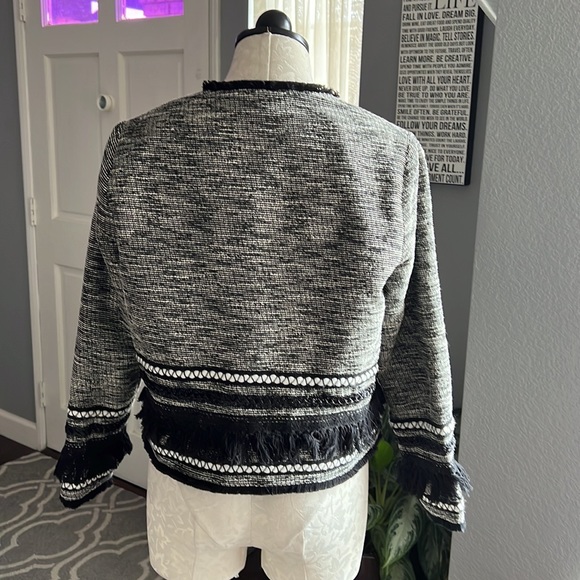 H&M Black White Tweed Like Fringe Trim Jacket - Picture 5 of 9